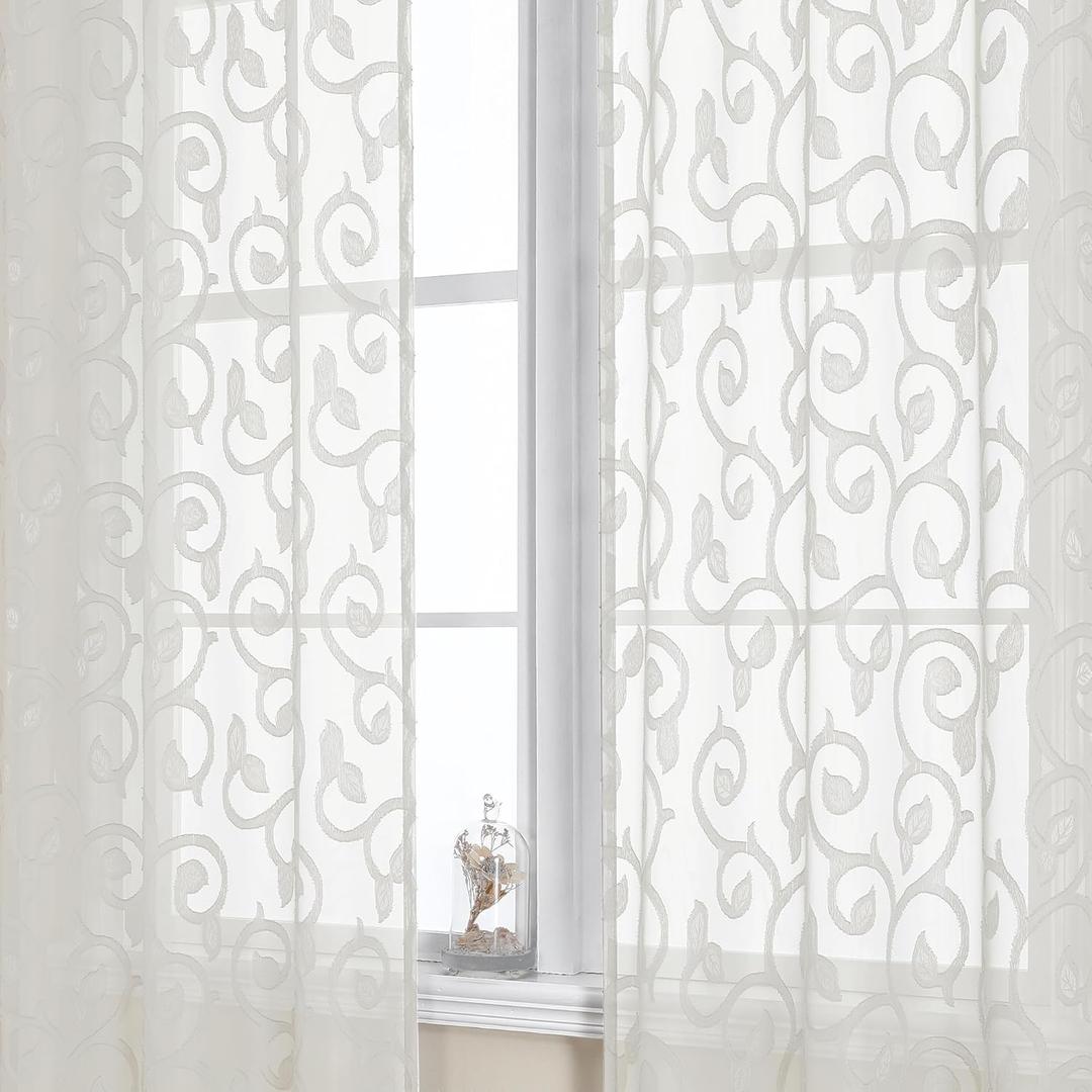 OWENIE Furman Ivory Sheer Curtains 84 inches Long for Bedroom Living Room 2 Panels Set, Jacquard Clip Light Filtering Semi Sheer Curtain Rod Pocket Window Drapes, 2 Pcs Each 40 W 84 L (40W x 84L)