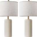 Ceramic Table Lamp Set of 2, 23 Inch 3-Level Dimmable Bedside Lamps with Linen Shade, Farmhouse Nightstand Lamps for Bedroom Living Room, Rustic White Desk Lamp, LED Bulb Included