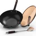 13.5" Carbon Steel Wok Pan - Pre-Seasoned Flat Bottom Woks & Stir-fry Pans Chinese Cookware with Lid & Spatula - For Pan-fry,Stir Fry, Steam, BBQ & Camping - Compatible with Induction, Gas