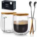 Mugs 12 oz Glass Espresso Cup with Lids Spoon - Double Wall Insulated Clear Coffee Mugs With Handle & Suspended Base Design - Thick Expresso Coffee Cups For Americano, Lattes, Tea (Set of 2,Gift Box)