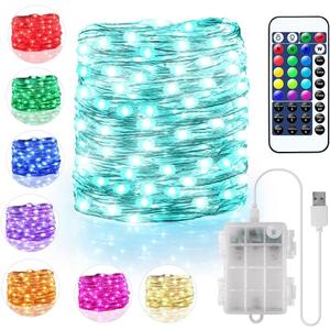 OMIKA 16.5ft 50 LEDs 16 Color Battery Operated & USB Powered String Lights, with Remote Timer Waterproof Silver Wire Twinkle Lights for Room Garden Patio Indoor Outdoor Decor(132 Modes)