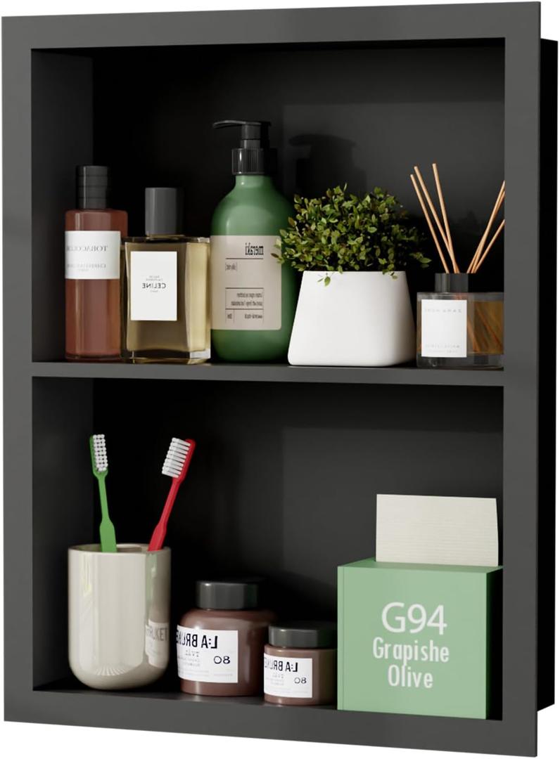 Stainless Steel Recessed Medicine Cabinet 14''*18'', Rust-Proof Metal Wall Niche, in Wall Shower Niche Shelf Insert Replacement, Recessed Medicine Cabinets for Drywall, Bathroom Storage, Black