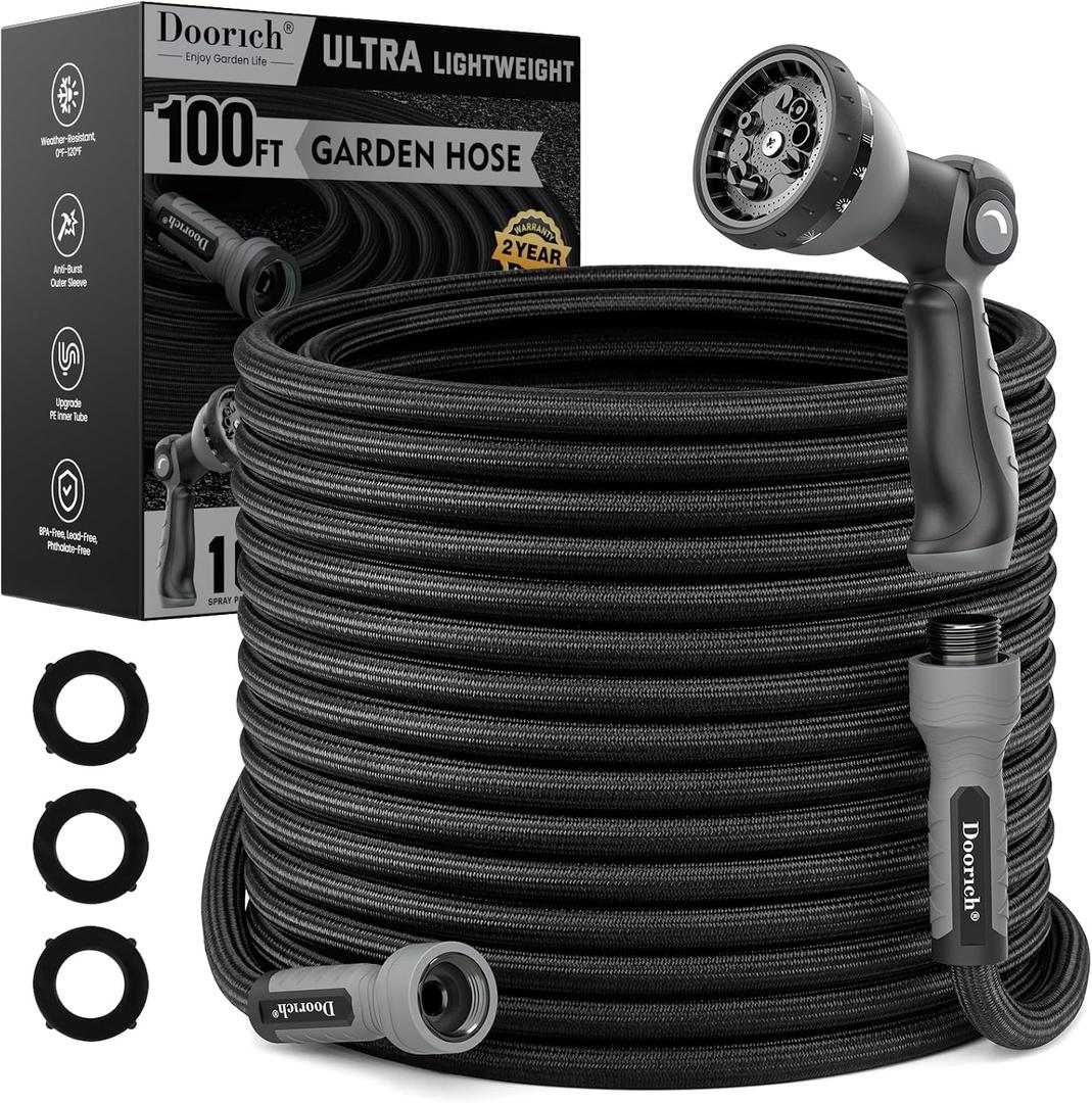 Garden Hose, Flexible Ultra Lightweight Durable, Kink-Free Water Hose with 10 Function Sprayer - Non-Shrinking, Easy to Store, All-Weather, High-Pressure, Black (100 FT)