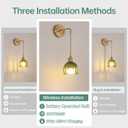 Battery Operated Wall Sconce with Green Tulip Shade Pattern Glass Adjustable Chain Retro Gold Wall Mounted Light, Modern Wall Lamp Fixtures Decor for Bedside Bedroom Indoor Doorway (Battery Operated (1 pack)- Long Cord)