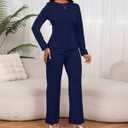 Aro Lora Women 2 Piece Outfits Casual Long Sleeve Irregular Hem Slit Top Pant Set Dressy Pantsuits XX-Large Navy Blue