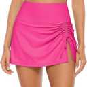 ALove Womens High Waisted Split Swim Skirt Sporty Drawstring Skirted Swim Bottom with Built-in Panty (X-Large, Rose Red)