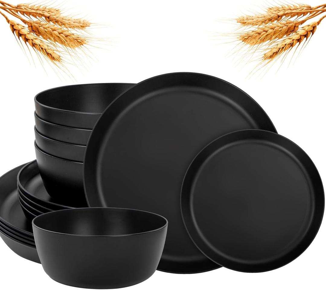 EI 12pcs Wheat Straw Dinnerware Set of 4,Plates and Bowls Sets,Plastic Plate Reuasble Unbreakable,Heavy Duty Plastic Plates for Camping,Picninc,Family Dinner