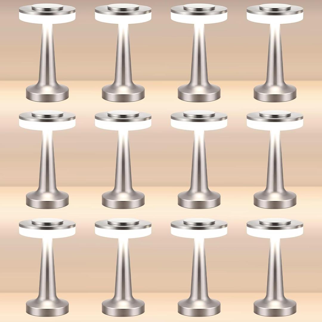 Riakrum 12 Pcs LED Cordless Table Lamp Bulk Rechargeable,Silver | Portable Wireless Lamps, 3 Color Stepless Dimming, 15 Hour Battery, Touch Control, Wedding Home Restaurant Decor