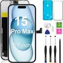 Screen Replacement for iPhone 15 Pro Max 6.7 inch, LCD Display Touch Screen Digitizer Assembly with Repair Tools Set, Compatible with Model A2849 A3105 A3106 A3108