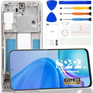 OLED for Samsung S22 5G Screen Replacement for Samsung Galaxy S22 5G SM-S901B G901U G901A G901W Digitizer Touch Screen Assembly with Frame US Version Silver (with Fingerprint)