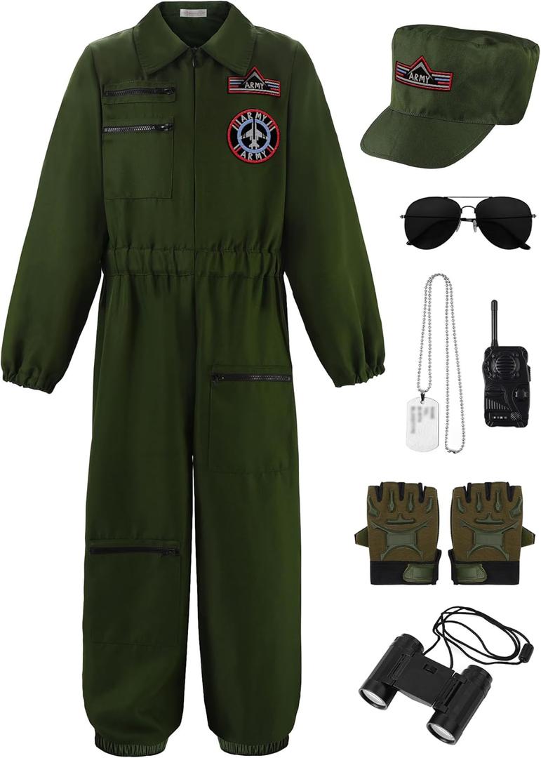 Fighter Pilot Costume for Kids Air Force Flight Suit Dress Up Halloween Career Day (12-14/160, Green(with Accessories)) Size: 12-14/160