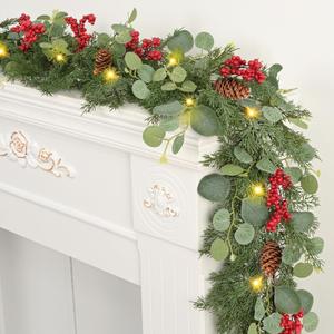 Waipfaru Christmas Decorations, 5.9FT Christmas Garland with Lights, Prelit Lighted Christmas Greenery Cedar Garland Cypress for Home Table Mantel Stair Railing Indoor Outdoor Xmas Decor (1Pcs)