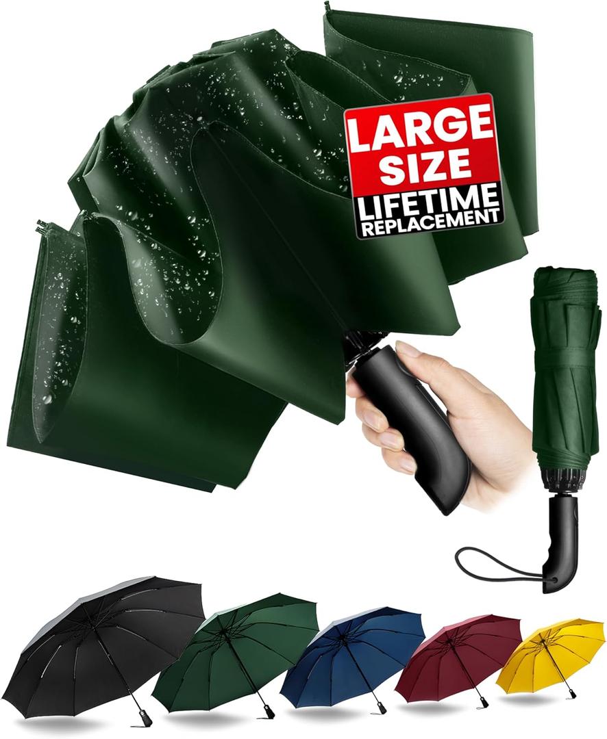 Conlun Travel Inverted Umbrella Compact Windproof- Automatic reverse Umbrellas for Rain - Folding Portable 10 Ribs Large Umbrella (XL (46inch), Green-46inch)