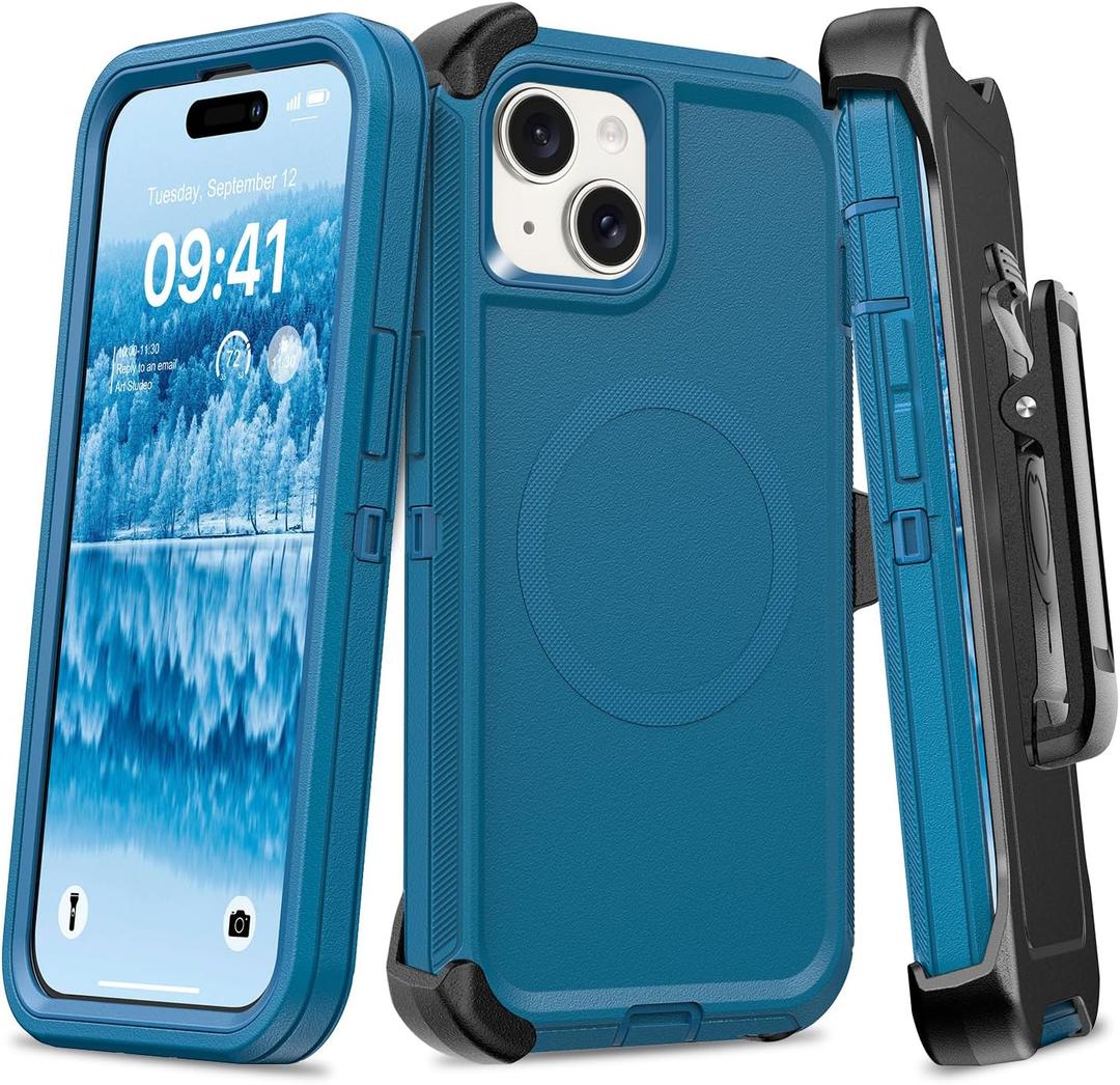 TUTUKII Magnetic Case with Belt Clip Holster, Heavy Duty Protective Phone Case, Shockproof Magnetic Phone Cover for iPhone 13/14/15 6.1" Sea Blue