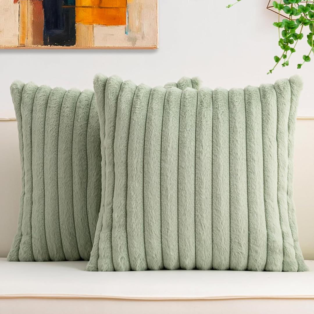 Aegero Pack of 2 Faux Fur Christmas Throw Pillow Covers 18x18 Inch, Soft Plush Striped Neutral Couch Pillow Cover, with Velvet Back Modern Home Decor for Sofa Living Room Couch Bed Sage Green