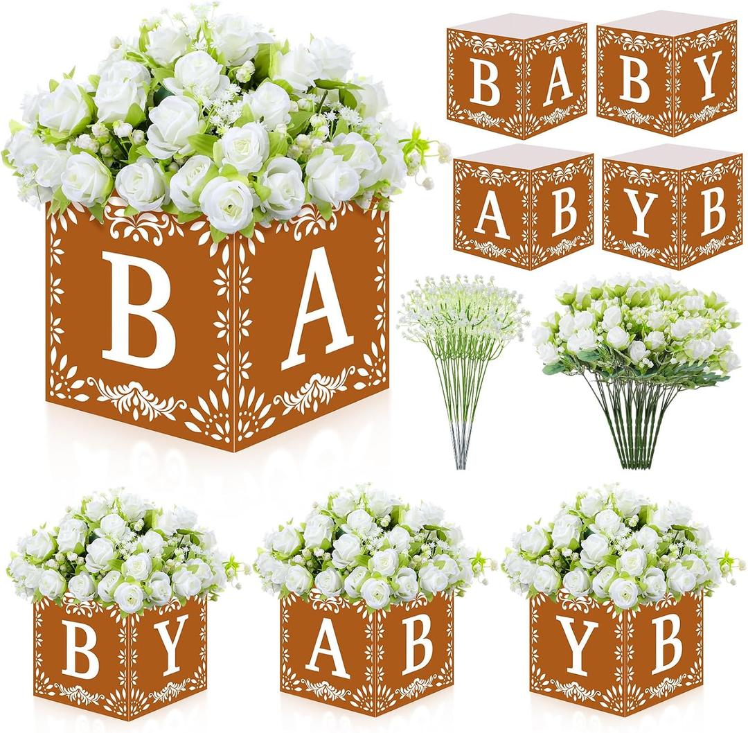 2 x 4 Sets Cielito Lindo Party Decoration, 4 Mexican Flower Boxes with 52 Artificial Flowers, Mexican Baby Shower Centerpieces, Mexica Table Decor for Papel Picado Talavera Party(Baby,Brown)