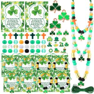 Ferreve 989 Pcs Christian St. Patrick's Day Beads Necklaces Gift DIY Green Shamrocks Craft for Jewelry Making 25 Irish Blessing Cards Cross Charm Clover Bracelet for Church Religious God Gifts