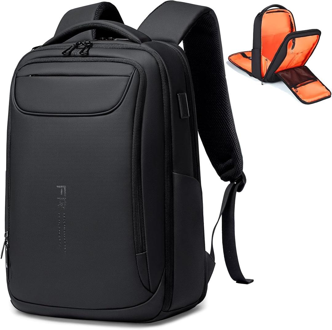 FENRUIEN Business Backpack for Men,Water Resistant Tech Backpack with Charger,Black Laptop Backpack 15.6 Inch (Standard)