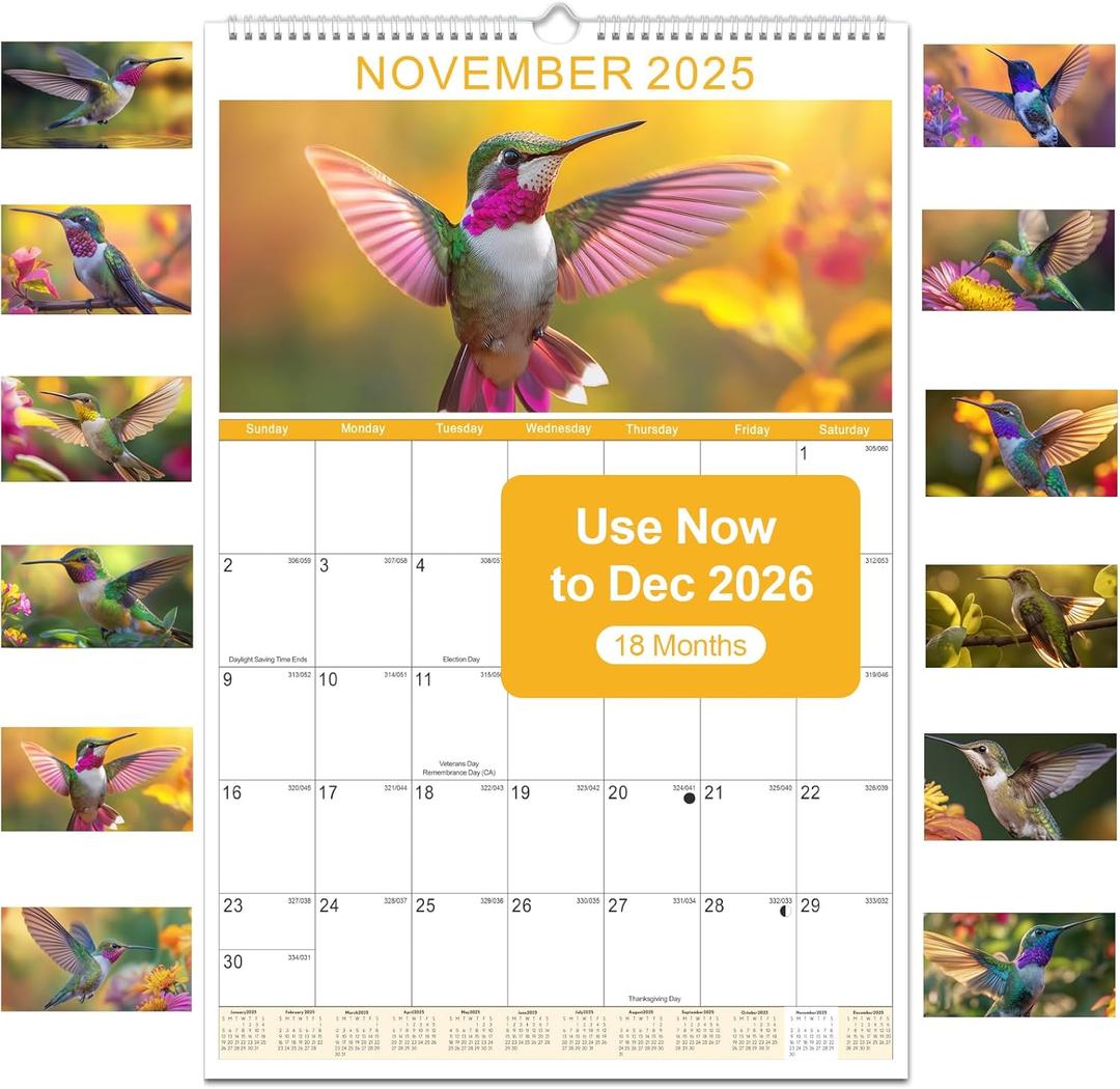 Gannyfer 2026 Wall Calendar,18 Months 22.75" x 15.5" Calendar 2025-2026, Use Now to DEC 2026, Spiral Binding Cute Hummingbird 2026 Calendar,Perfect for Home,School or Office (6 Stickers Included) (Yellow)