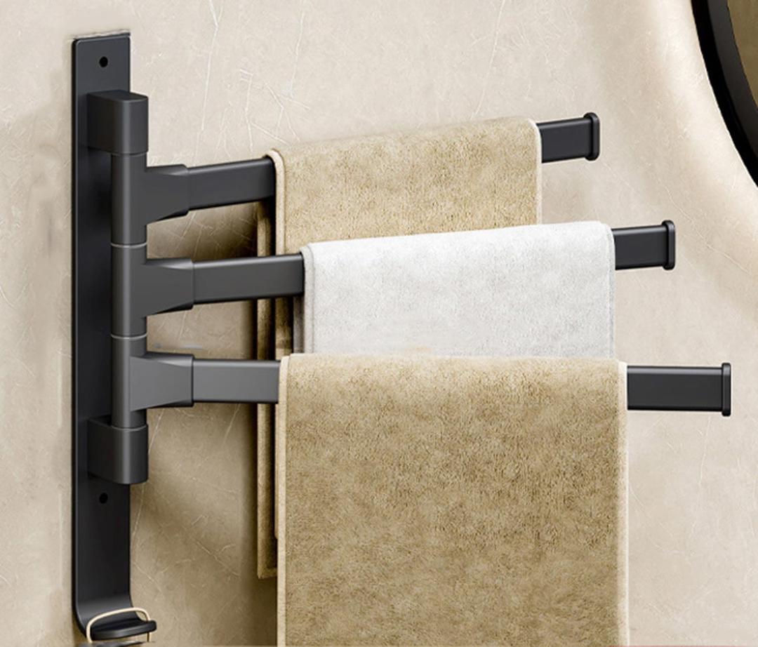 3 Arms Swivel Towel Rack Thicken Towel Holder with Hook Space Saving Towel Bar Wall Mount Swivel Towel Racks for Bathroom Kitchen-Black