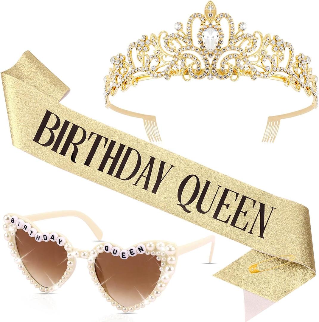 Gold Birthday Crown and Sash & Glasses Set for Women - BIRTHDAY QUEEN Sash and Tiara for Women, Happy Birthday Decorations Adult Woman Girls Party Favors Accessories