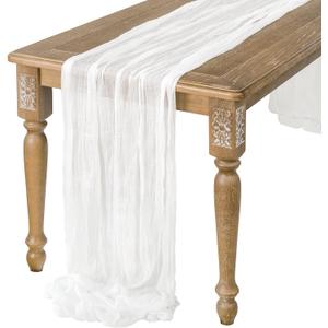 Ling's Moment 14Ft x 35" Wide Brilliant White Gauze Semi-Sheer Table Runner Cheesecloth Tablecloth for Wedding Party Bridal Shower Boho Table Decor