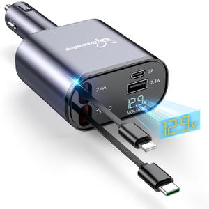 DreamBee Retractable Car Charger,66W 4 in 1 Super Fast Charge Car Phone Charger,Gifts for Men Women Car Truck Accessories for iPhone 17/16/15/14/13 Pro Max XR,iPad,Samsung,Pixel (TypeC+Lightning, Gray)