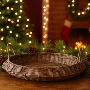 22 Inch Oversized Round Woven Basket Christmas Woven Serving Tray Round Rattan Effect Decorative Basket for Fruit Bread Storage Multipurpose Kitchen Holder Material for Home Organization