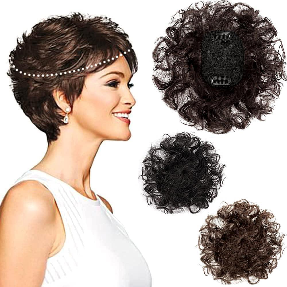 7x10cm Small Area Short Curly Human Hair Topper Fluffy Curly Hair Topper Clip in Toupee Hairpieces Top Crown Topper Hair Replacement Wiglets Weavy Topper Hair Pieces for Women Dark Brown