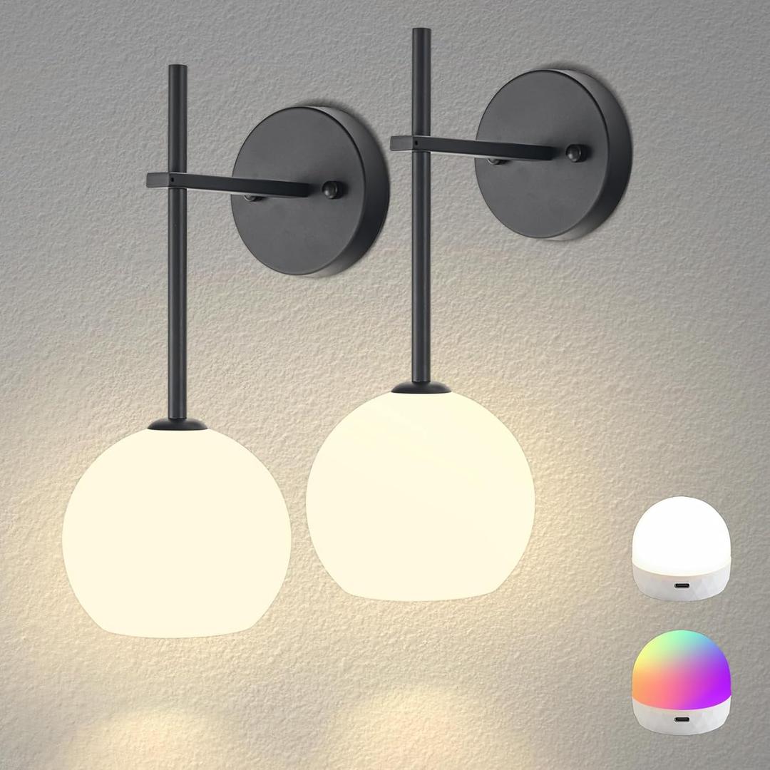 Black Battery Operated Wall Sconces Set of 2, Rechargeable Wireless Wall Lights with Milky White Frosted Glass Shade, 12 RGB and 3CCT Dimmable, Wall Lamps with Remote for Bedroom Living Room Hallway