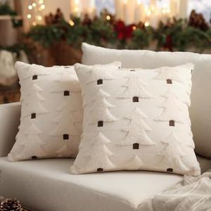 GEEORY Christmas Pillow Covers 18x18 Inch Set of 2, Christmas Decorations Xmas Tree Soft Plush Fluffy Faux Fur Decorative Throw Pillows Rustic Winter Decor Cushion Case Beige Brown GC034-18