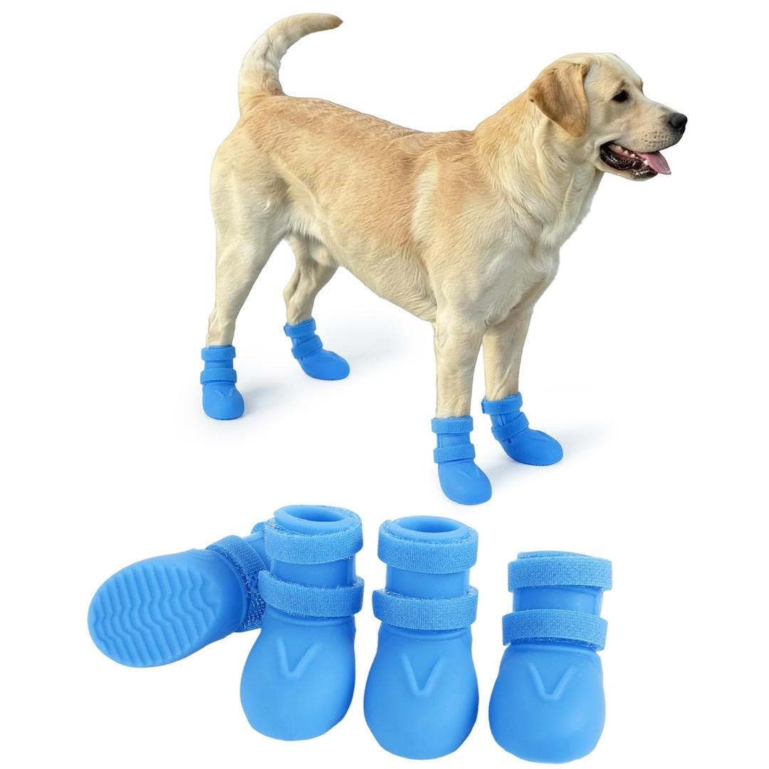 Waterproof Silicone Dog Shoes for Small Medium & Large Dogs, 4 PCS Non Slip Dog Rain Boots with Adjustable Magic Tapes, Paw Protectors Dog Boots for Hot Pavement, Beach, Rain, Hiking (Blue, 2XL)