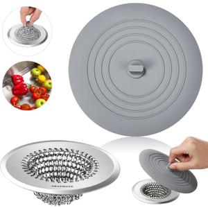 TRAPMATE Kitchen Sink Drain Strainer & Sink Stopper, Revolutionary Stainless Steel Drain Plug Combo, Anti-Clog Garbage Strainer Basket for US Standard Drains, Fits Single & Double Bowl Kitchen Sinks (Light Gray Silver)