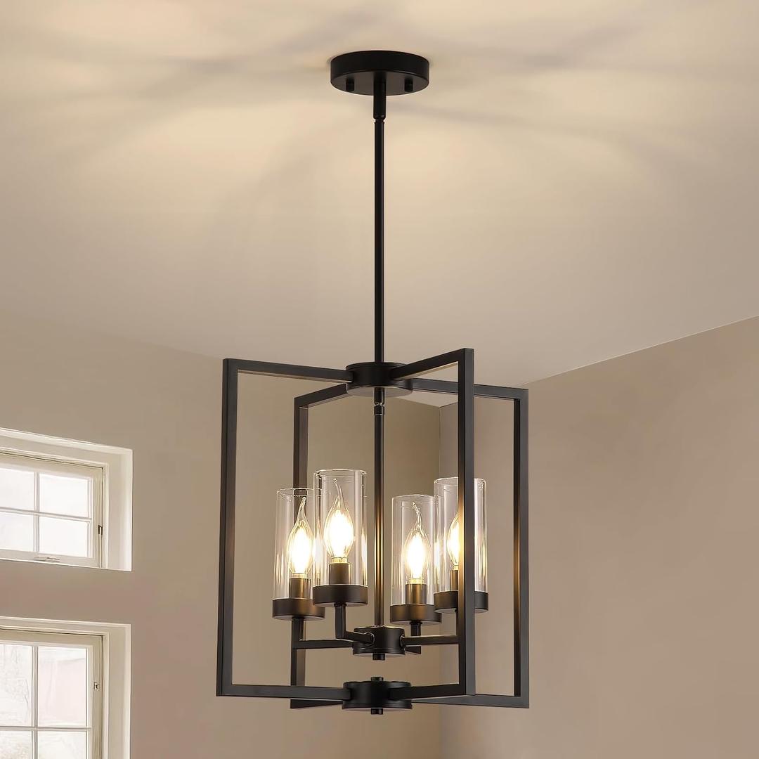 Black Chandeliers for Dining Room, 4-Light Entryway Chandelier for Foyer, 15.7" Hanging Kitchen Light Fixtures Geometric Modern Farmhouse Chandelier for Entryway Hallway Living Room Stairway