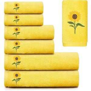 Peryiter 6 Pack Cotton Sunflower Bath Towels Set Spring Summer Yellow Towels for Bathroom, Soft and Absorbent, Contains 2 Bath Cloth, 2 Hand Cloth and 2 Wash Cloths