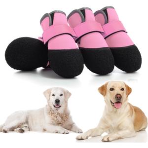 Dog Shoes, Outdoor Dog Boots Non-Slip Waterproof Dog Booties for Medium to Large Dogs 4Pcs for Winter Snowy Day, Summer Hot Pavement with Rugged Sole Pink (Size 7:3.1''x2.7'')(L*W) for 66-90 lbs)