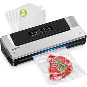 Bonsenkitchen Vacuum Sealer, MultiFunctional Food Sealer with 1 Roll Bag+ 50 Bags, FastCompact Design | Bag Storage | Builtin Cutter, External Vacuum System & Accessory Tube, Silver