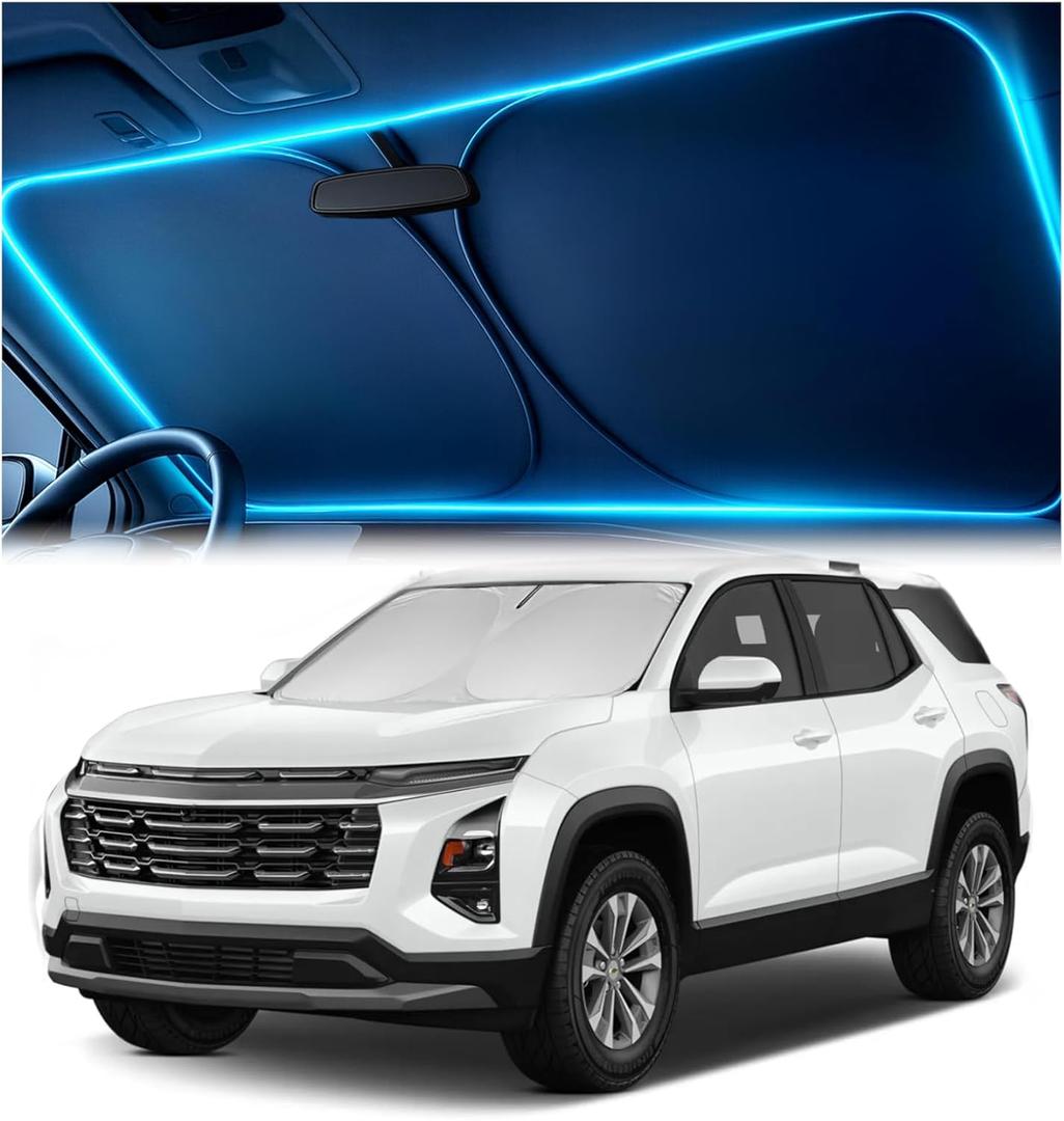 Windshield Sun Shade for Chevrolet Equinox 2018-2023, 2024, 2025, 2026  Custom Fit Sun Shield with Mirror CutOut, Blocks Heat & UV, Foldable with Storage Pouch - Chevy Equinox Windshield Sunshade