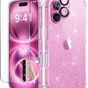 BERFY Compatible with iPhone 16 Case Glitter, [3 in 1] with Screen Protector + Camera Lens Protector, [Non-Yellowing] Clear Sparkle Slim Shockproof Hard Phone Cover for Women 6.1", Shiny Clear
