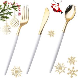 I00000 60 Pcs Gold Plastic Silverware - Heavy Duty Plastic Cutlery -Party Disposable Silverware SetDisposable Cutlery Set Includes 20 Forks, 20 Knives, 20 Spoons Perfect for Wedding (White)