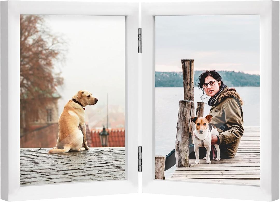 FOREV 5x7 Double Picture Frame Wooden Hinged Photo Frame Definition Glass Stand Vertically on Desktop or Tabletop White