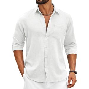 COOFANDY Men's Cotton Linen Button Down Shirts Long Sleeve Casual Summer Beach Shirts for Men (White) L