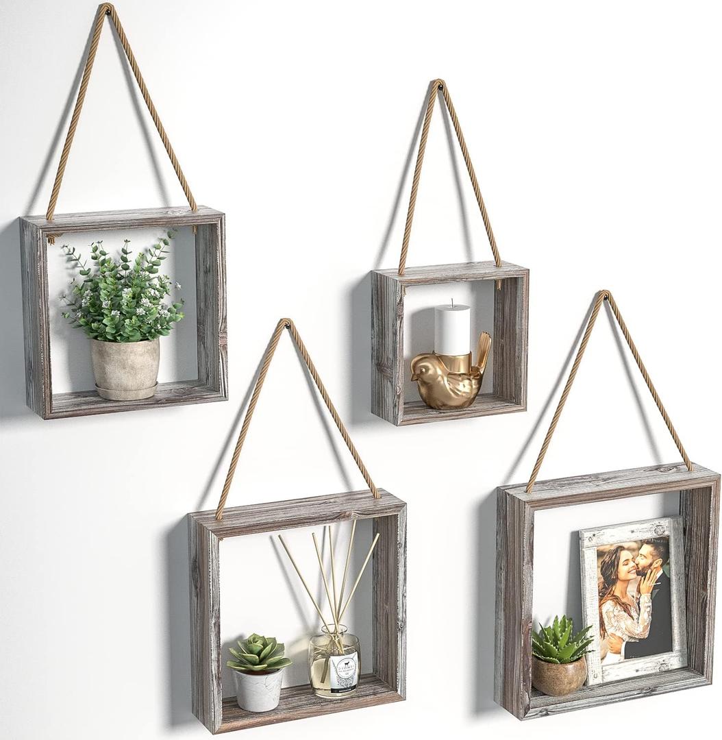J JACKCUBE DESIGN Wall Decor Floating Hanging Square Shelves Wall Mounted Rustic Wood Cube Display Shelf Shadow Boxes Decorative Boho Home Dcor for Living Room, Bedroom, Office, Set of 4 - MK571A