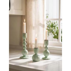 NUPTIO Candle Stick Holders Decor: Set of 3 Farmhouse Wooden Taper Candle Holders - Rustic Sage Green for Home Coffee Dinner Table