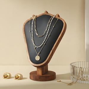 Wooden Necklace Display Stand with Black Leather Mat, 8.4 x 5.8 x 3.3 inches, Walnut