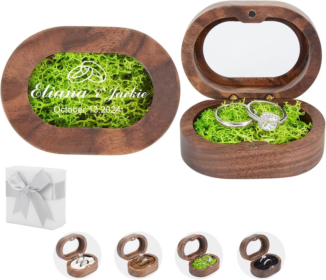 Wedding Ring Box Personalised - Oval Wooden Ring Holder Box with Clear Window,Gift Box,Travel Ring Jewelry Organizer,2 Slot Ring Box for Engagement Wedding Proposal (Green)