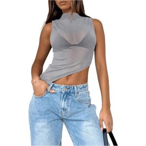 Women's Sheer Mesh Mock Neck Tank Tops Sleeveless Asymmetrical Hem Crop Tops Clubwear, Size X-Small (Grey)
