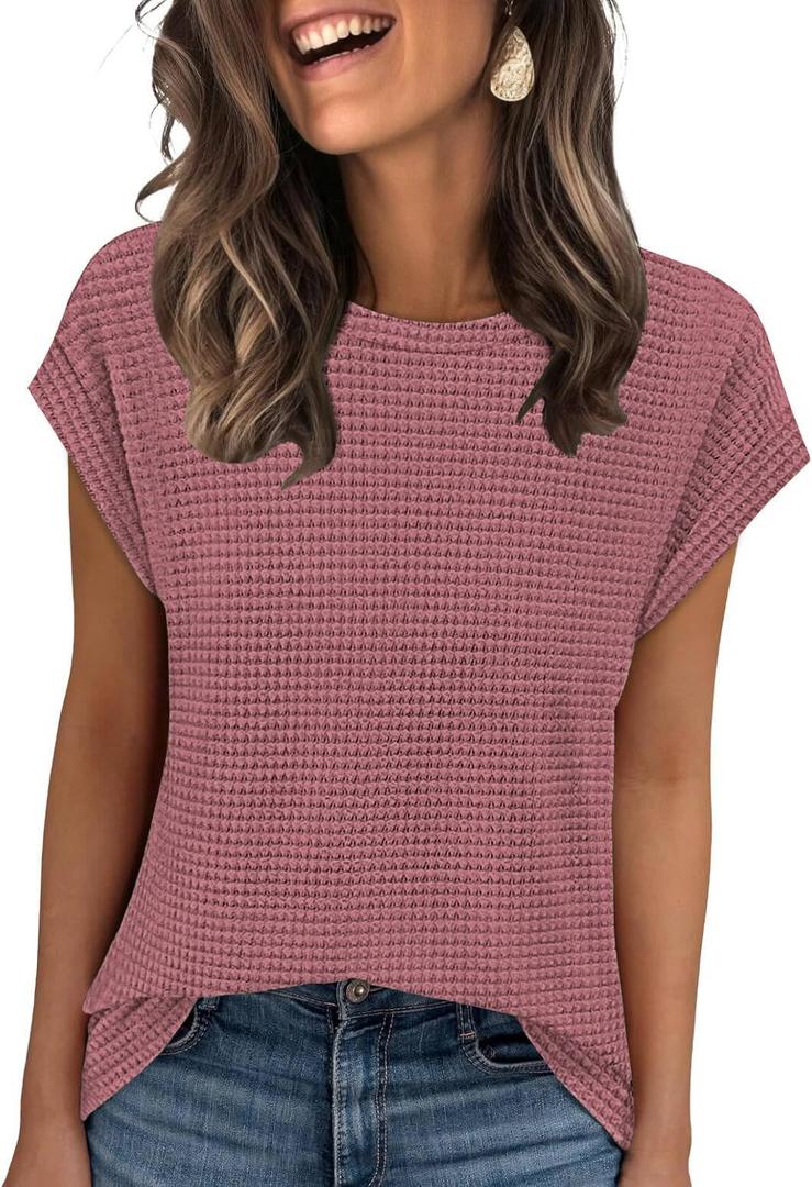 Summer Tops for Women Waffle Knit Tunic Shirts Cap Sleeve T-Shirt (S)