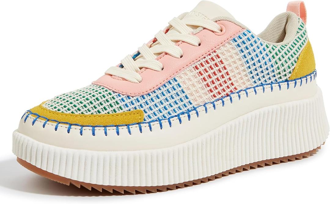 LUCKY STEP Women's Platform Sneakers Rhinestone Fashion Chunky Casual Sparkly Retro Braided Walking Shoes (9.5, Pink/Yellow Multi Knit)