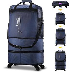 LUGGEX Travel Duffel Bags, Expandable Collapsible Luggage with Spinner Wheels, Lightweight, without Telescopic Handle, Large Capacity Suitcases with Wheel for Men Women (Blue, 55L-113L) (Medium)